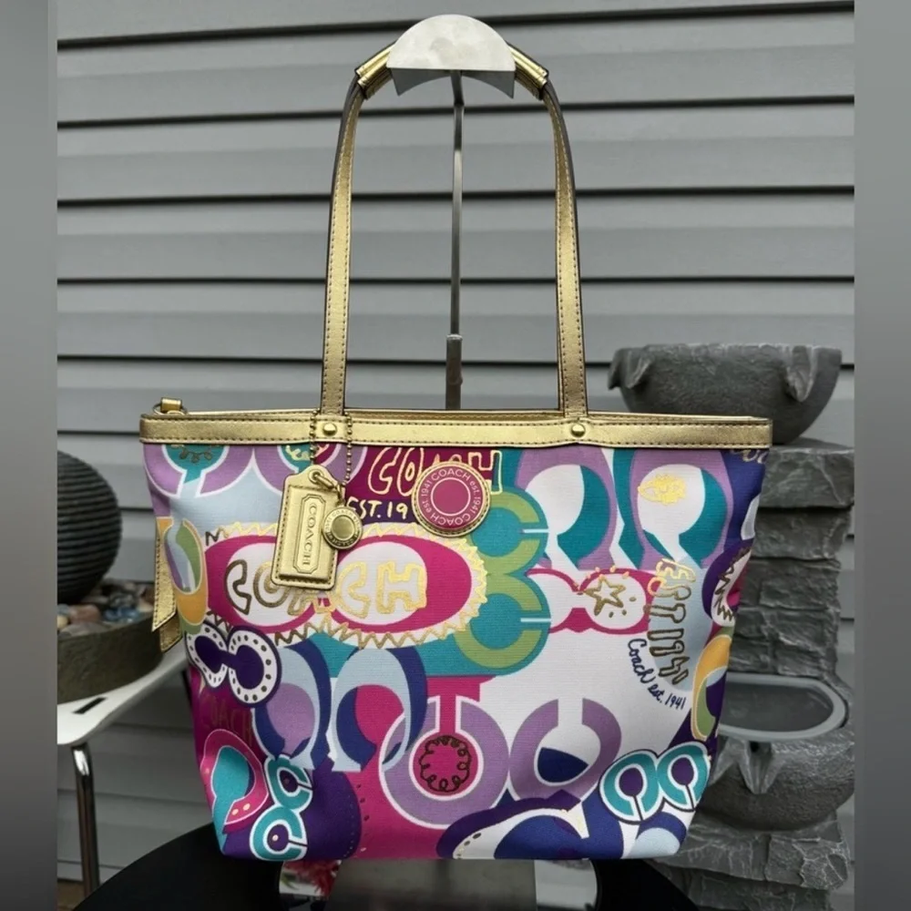 COACH POPPY Colorful Graphic Tote with Gold Handles! Limited Edition! - Picture 1 of 8